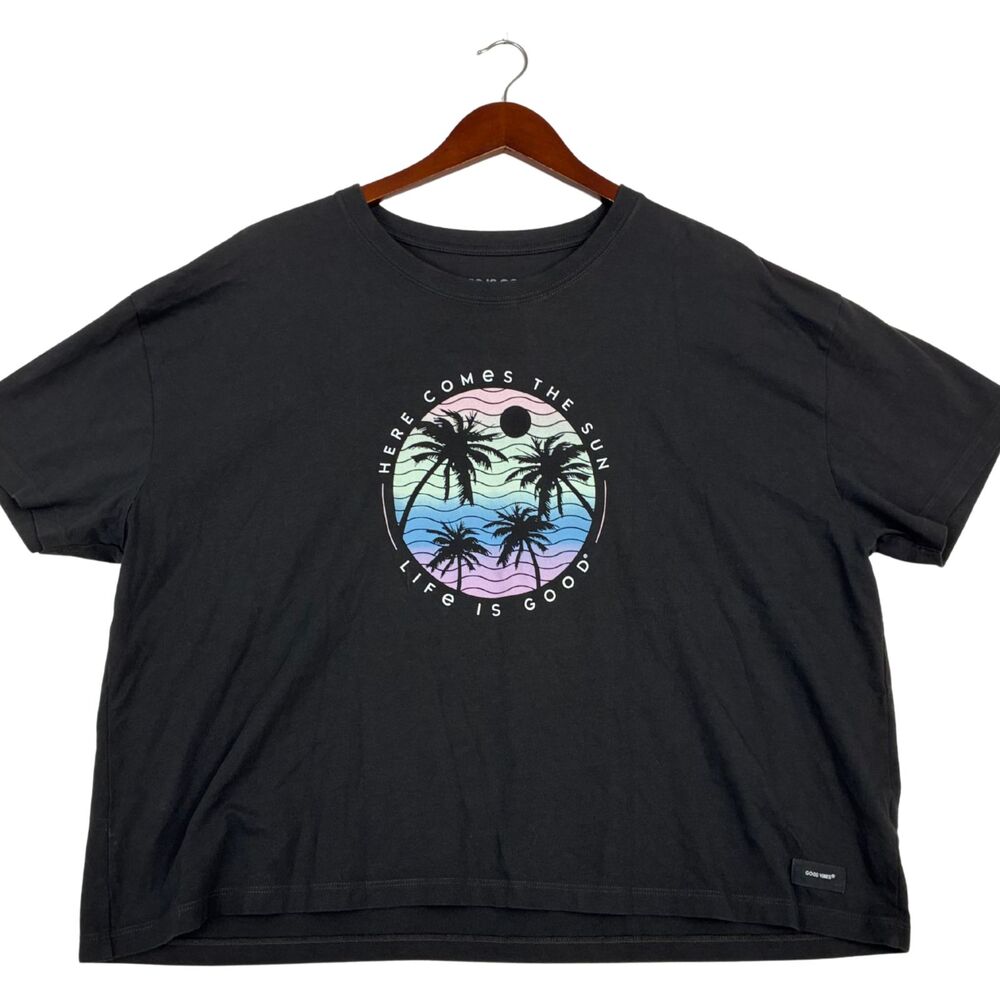 Life is Good Womens XXL Crusher Tee Here Comes The Sun Palm Trees Black Graphic